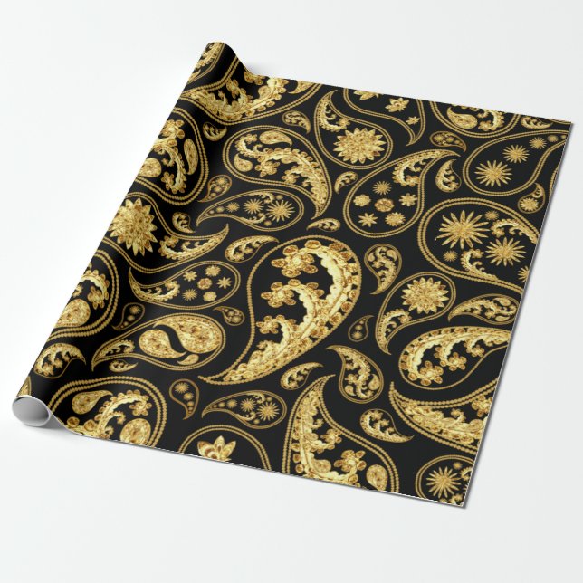 Papier Cadeau Beau Motif noir et or Paisley (Déroulé)