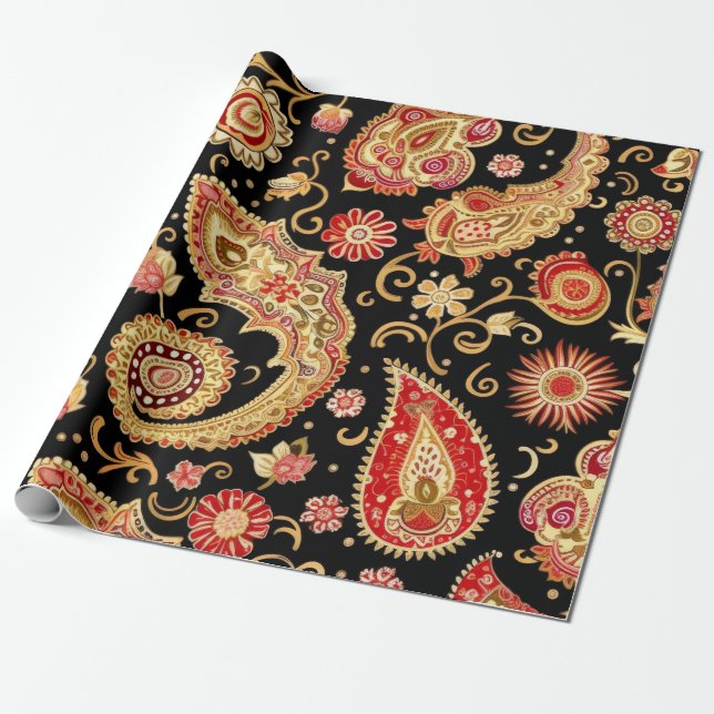 Papier Cadeau Beau Motif Paisley Dark And Red Design (Déroulé)
