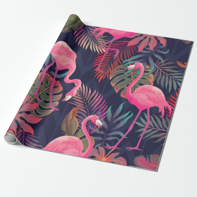 Papier Cadeau Beau motif tropical transparent avec flamme rose (Déroulé)