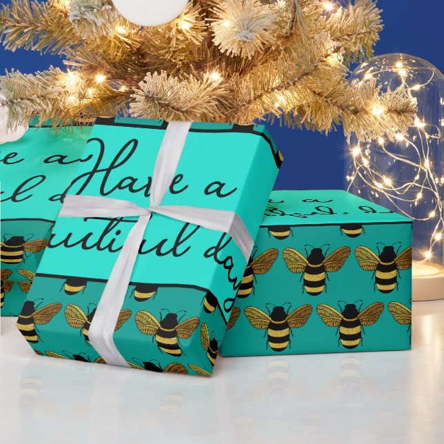 PAPIER CADEAU BEAU NOIR BOUMBLEBEE BEE TEXTE AQUA VERT (Vacances)
