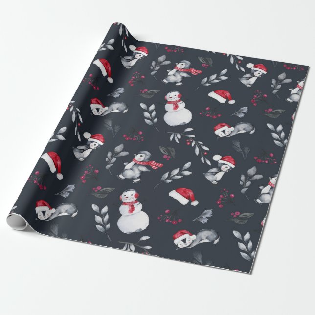 Papier Cadeau Beau papier enveloppant de pingouins de Noël (Déroulé)
