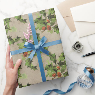 Papier Cadeau Beau vintage Holly motif, Noël