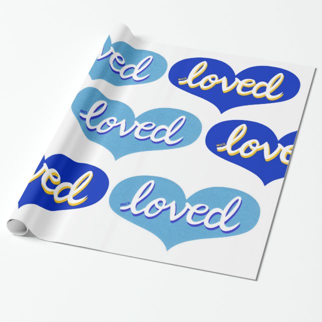Papier Cadeau BEAUCOUP AIMÉ - adoré - Coeurs d'amour bleu (Déroulé)