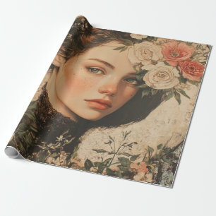 Papier Cadeau Beauté Lune - Femme avec Fleur et Pleine lune