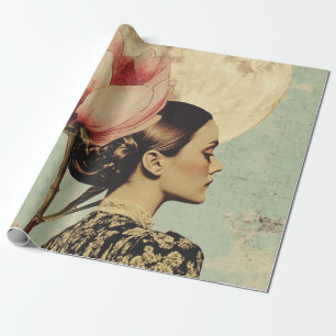 Papier Cadeau Beauté Lune - Femme avec Fleur Rose et Lune