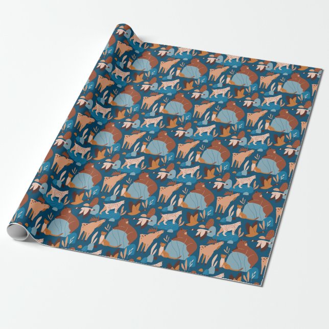 Papier Cadeau Beaux animaux de la forêt, design foncé sans soudu (Déroulé)