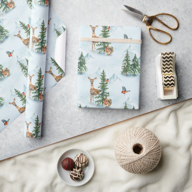 Papier Cadeau Beaux Animaux d'Hiver Jeune Cerf Écureuil Oiseaux (Artisanat)