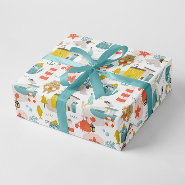 Papier Cadeau Beaux animaux nautiques amusants. Motif Sea kids (Créateur téléchargé)