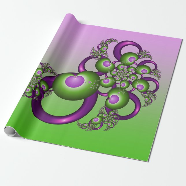 Papier Cadeau Beaux cœurs verts roses modernes abstraits fractal (Déroulé)