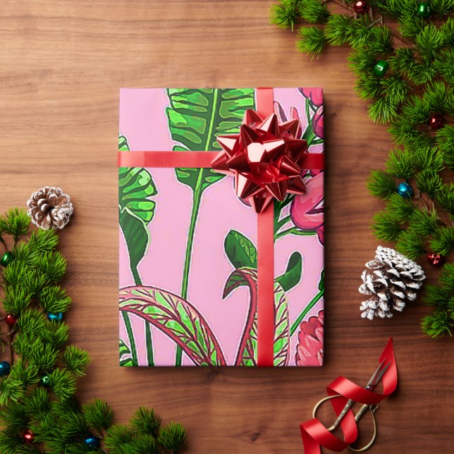 Papier Cadeau Beaux Feuilles verts tropicaux aux fleurs rouges | (Cadeau de vacances)