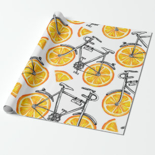 Papier Cadeau Beaux vélos avec roues orange. Main d'aquarelle 