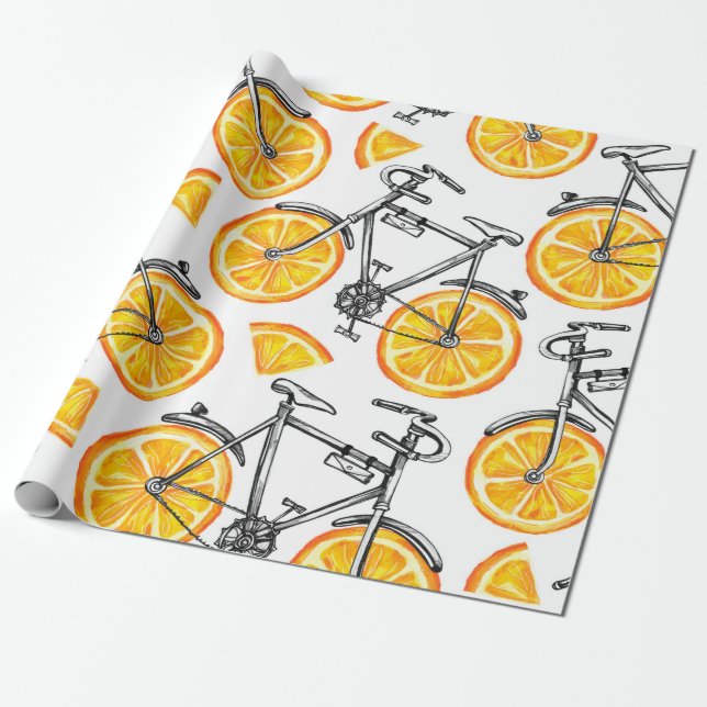 Papier Cadeau Beaux vélos avec roues orange. Main d'aquarelle  (Déroulé)