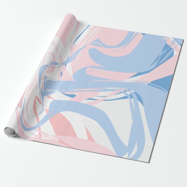 Papier Cadeau Bébé Abstrait Tourbillon de Marbre Rose Blanc Bleu (Déroulé)