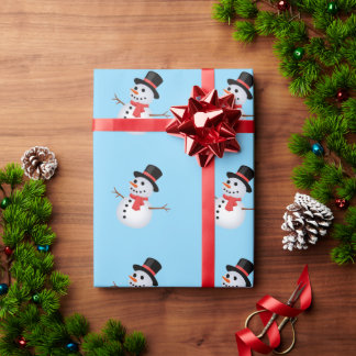 Papier cadeau bébé bleu bonhomme de neige 