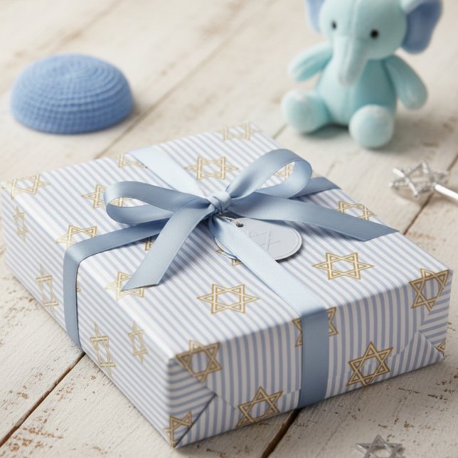 Papier Cadeau Bébé Bleu Shalom Zachor Juif (Jewish Star of David Baby Boy Wrapping Paper for Bris & Baby Naming Ceremony, Mazel Tov & Hanukkah)