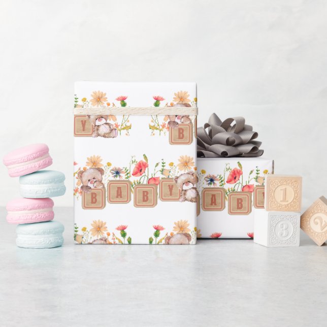 Papier Cadeau Bébé Blocs, Ours et Fleurs Sauvages (Baby Shower)