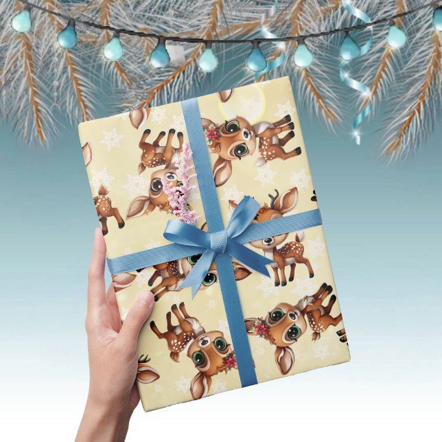 Papier Cadeau Bébé cerf, pie, chien, renne 🦌 or 🎄, flocon de n (Cute Baby Floral Deer, Fawn, Doe Lover Reindeer Antlers Snowflake Pattern Gold Wrapping Paper 🦌 🎄)