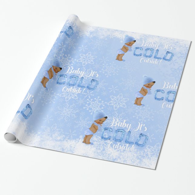 Papier Cadeau Bébé c'est froid Flocon de neige Bleu Garçon Ethni (Déroulé)