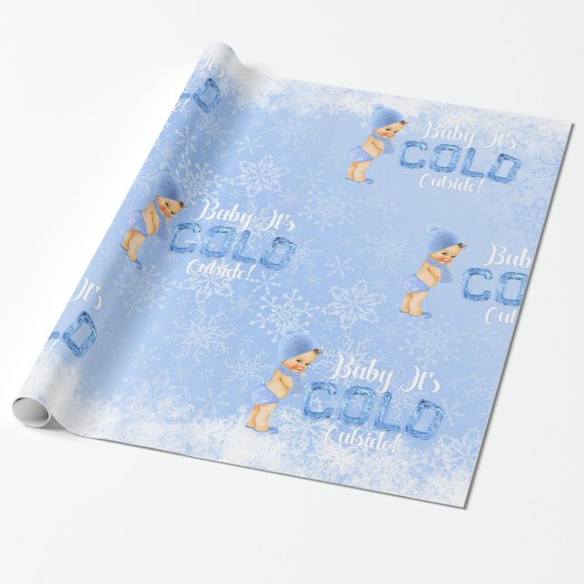 Papier Cadeau Bébé C'est froid hiver Flocon de neige Bleu Garçon (Déroulé)