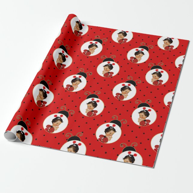 Papier Cadeau Bébé coccinelle fille rouge et point noir (Déroulé)
