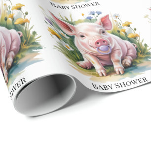 Papier Cadeau Bébé Cochon à l'aquarelle Fleurs sauvages Baby Sho
