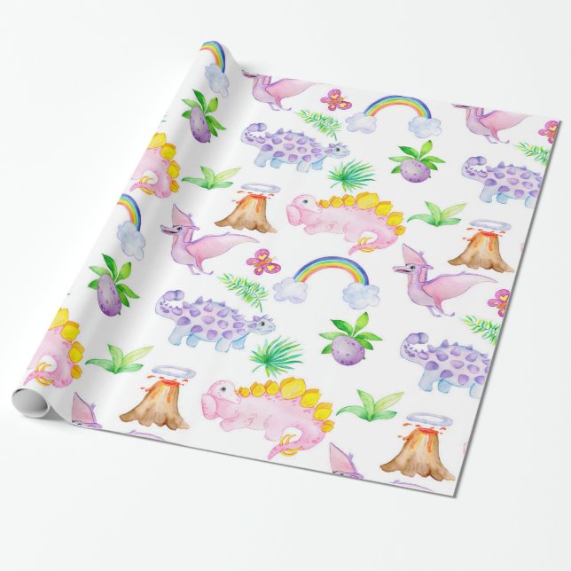 Papier Cadeau Bébé Dinosaur Pastel Couleurs mignonnes (Déroulé)