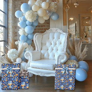Papier Cadeau Bébé Dinosaure Bleu Fleurs Jaunes & Bleues