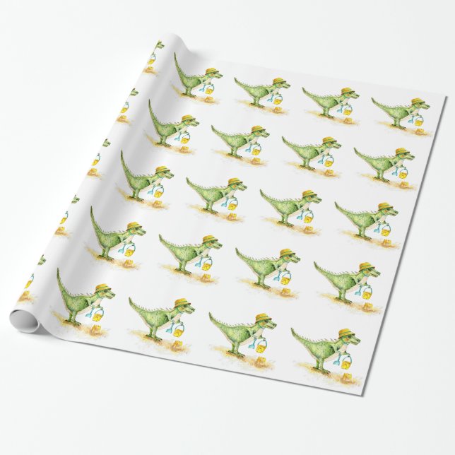 Papier Cadeau Bébé Dinosaure T-Rex sur la plage (Déroulé)