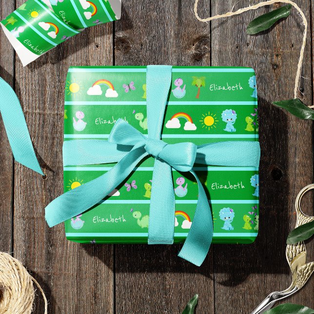 Papier Cadeau Bébé Dinosaures avec papillons, arc-en-ciel et sol (Créateur téléchargé)