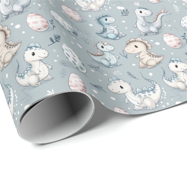 Papier Cadeau Bébé dinosaures sur bleu (Coin rond)