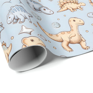 Papier Cadeau Bébé dinosaures sur bleu
