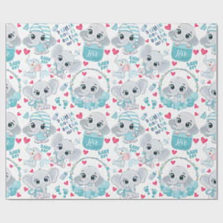 Papier Cadeau Bébé Éléphant Garçon Mignon Bleu Baptême Baby Show
