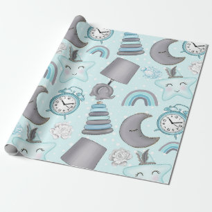 PAPIER CADEAU BÉBÉ ÉLÉPHANTS BLEUS & GRIS LAMPS JOUETS