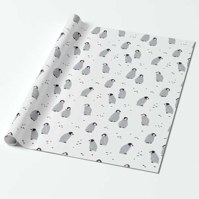 Papier Cadeau Bébé Empereur, poules de pingouins Motif en blanc (Déroulé)