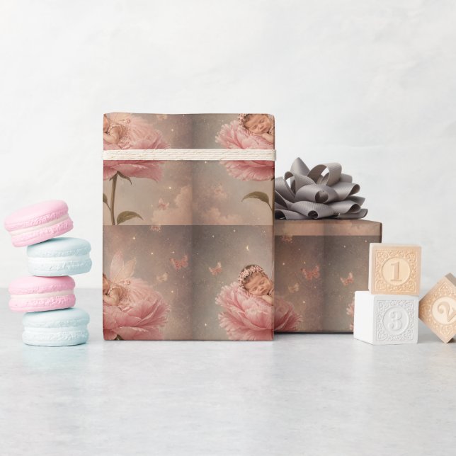 Papier Cadeau Bébé endormi fleur rose (Baby Shower)