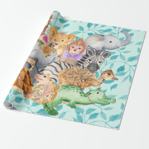 Papier Cadeau Bébé, Enfant Jungle Animaux Végétal Enveloppement