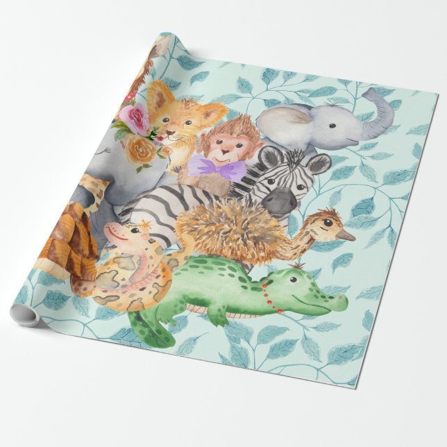 Papier Cadeau Bébé, Enfant Jungle Animaux Végétal Enveloppement  (Déroulé)
