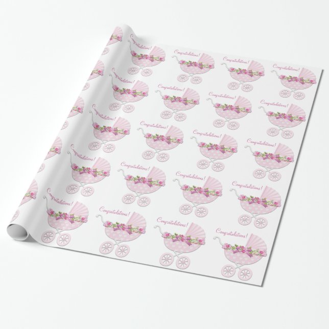 Papier Cadeau Bébé Fille au Berceau Rose (Déroulé)