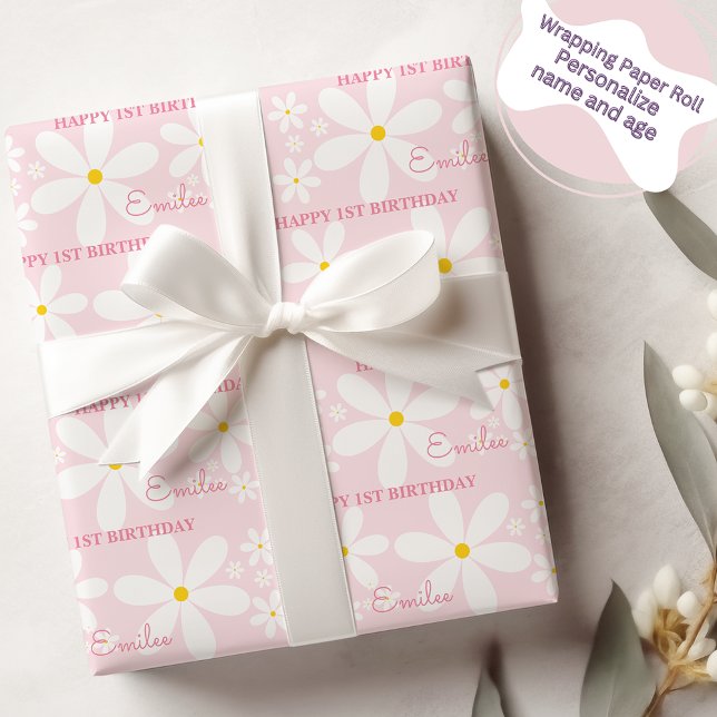 Papier Cadeau Bébé Fille Fleur de Marguerite (Rose) (Créateur téléchargé)