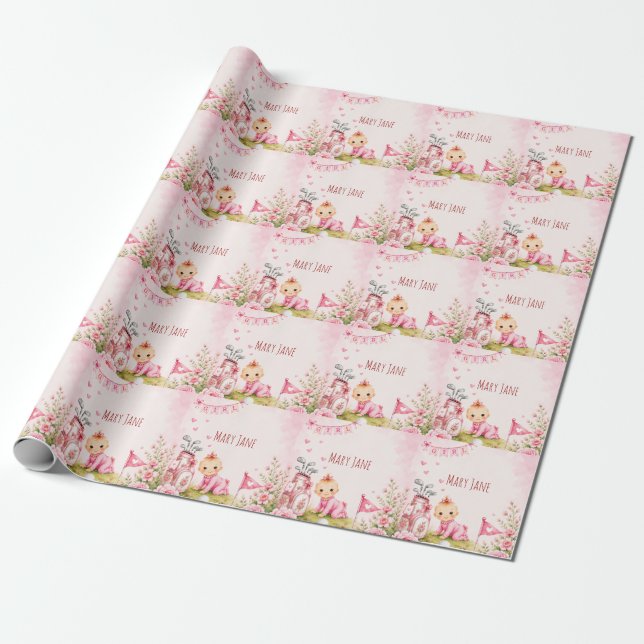 Papier Cadeau Bébé fille golf pour Baby Shower sur rose (Déroulé)