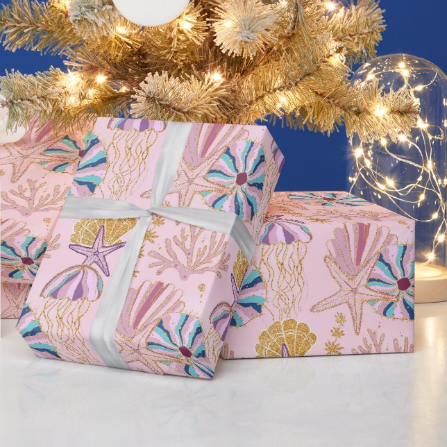Papier Cadeau Bébé Fille Rose Sous l'Océan Pailleté (Vacances)