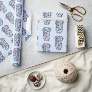 Papier Cadeau Bébé Garçon Bleu Une Pièce Camions Rouges Baby Sho