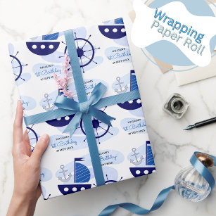 Papier Cadeau Bébé Garçon Nautique Aquarelle Marine Bleu