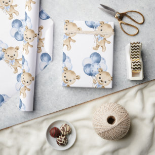 Papier Cadeau Bébé Garçon Teddy Ours Bleu Aquarelle Papier d'env