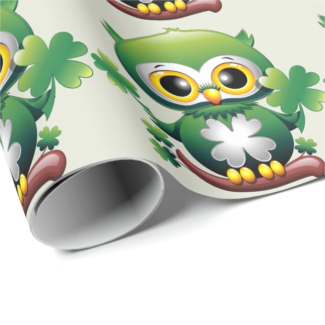 Papier Cadeau Bébé Hibou Mignon St Patrick Dessin Animé (Coin rond)