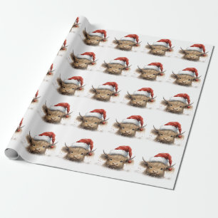 Papier Cadeau Bébé Highland Cow avec chapeau de Père Noël