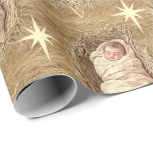 Papier Cadeau Bébé Jésus Aquarelle Crèche Foin