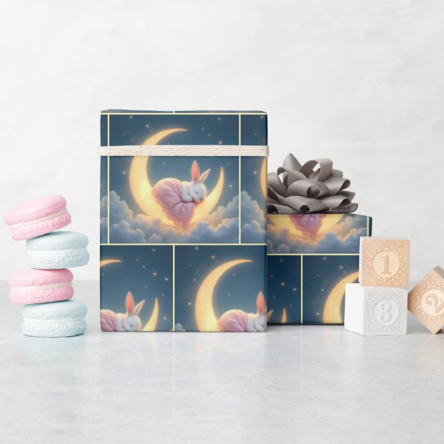 Papier Cadeau Bébé Lapin Dormir Sur La Lune Crescent (Baby Shower)