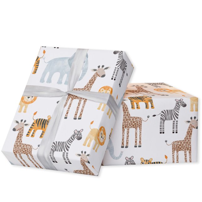 Papier Cadeau Bébé mignet Safari animal Motif d'aquarelle (Cute watercolor Safari Animals baby lion, giraffe  & elephant gift wrapping paper roll)