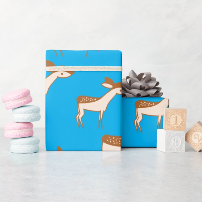 Papier Cadeau Bébé mignon cerf et famille sur Sky Blue (Baby Shower)